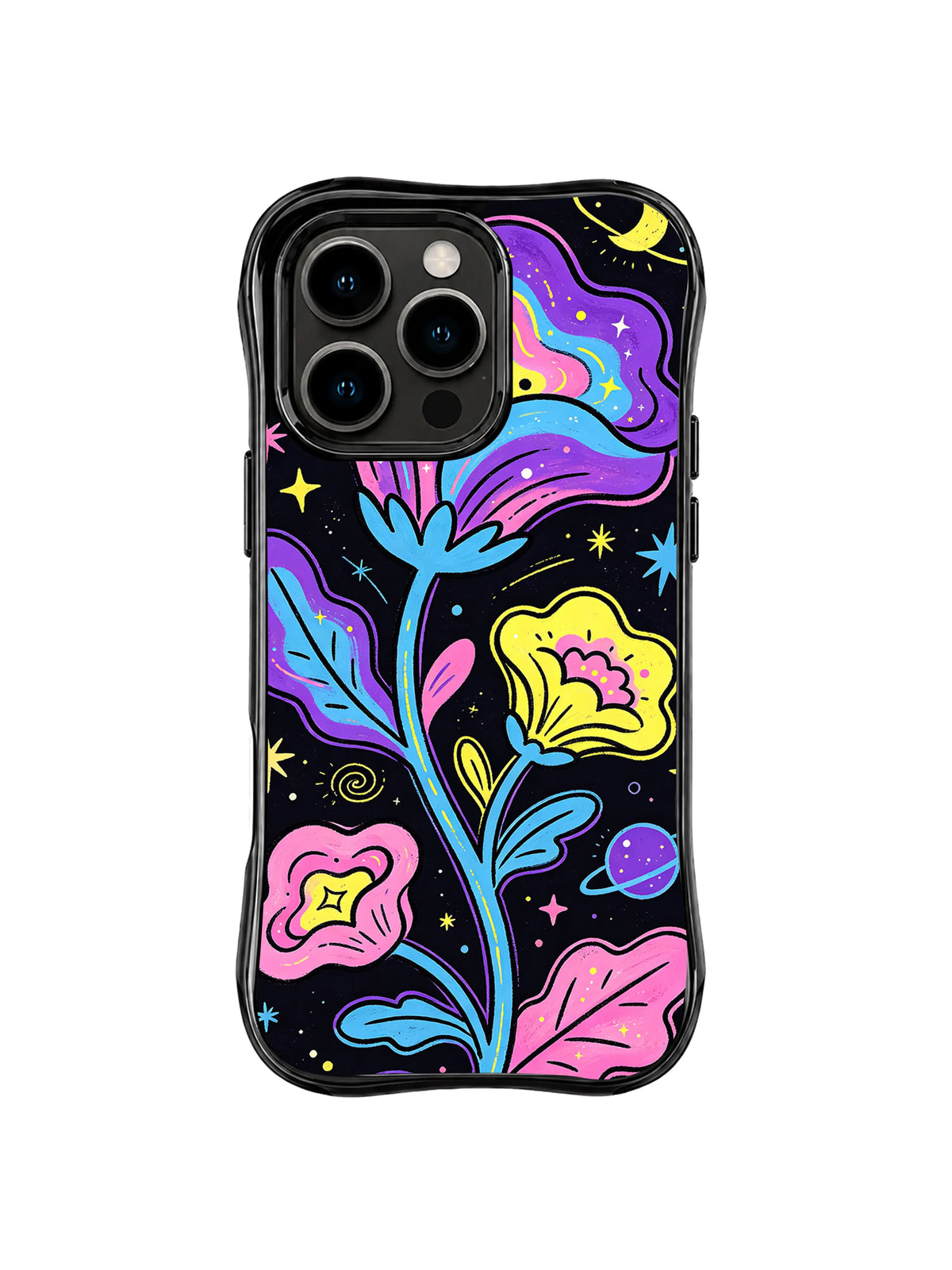 Neon Cosmic Garden: Neon pink, blue and yellow flowers curl among moons, planets and stars on black.