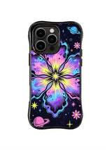 Galaxy Starburst Bloom: A luminous purple, pink and yellow flower floats among planets and tiny stars.