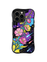 Meteor Blossom Trail: Pink and yellow blossoms grow along blue-green stems over a starry purple galaxy.