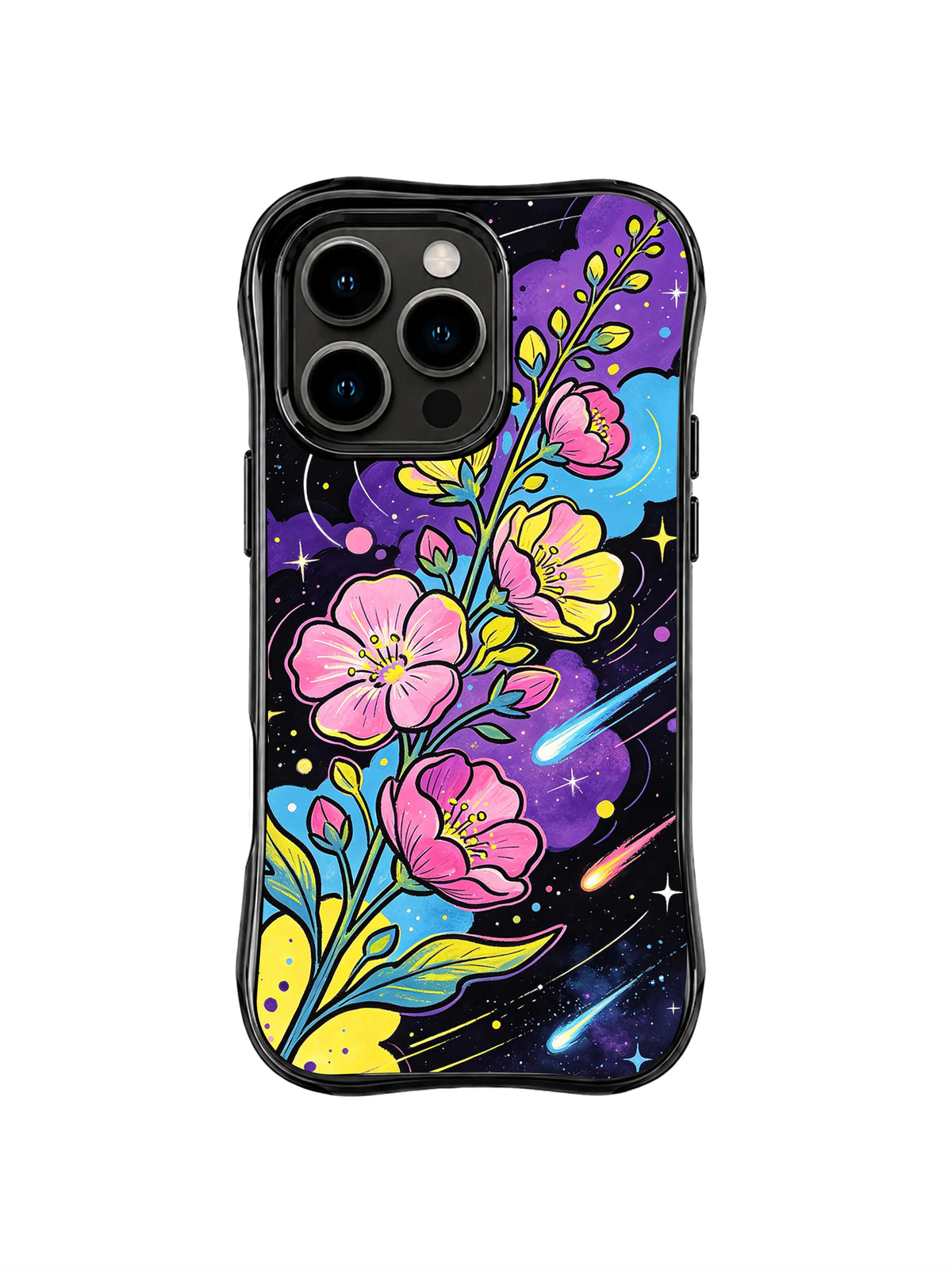 Meteor Blossom Trail: Pink and yellow blossoms grow along blue-green stems over a starry purple galaxy.
