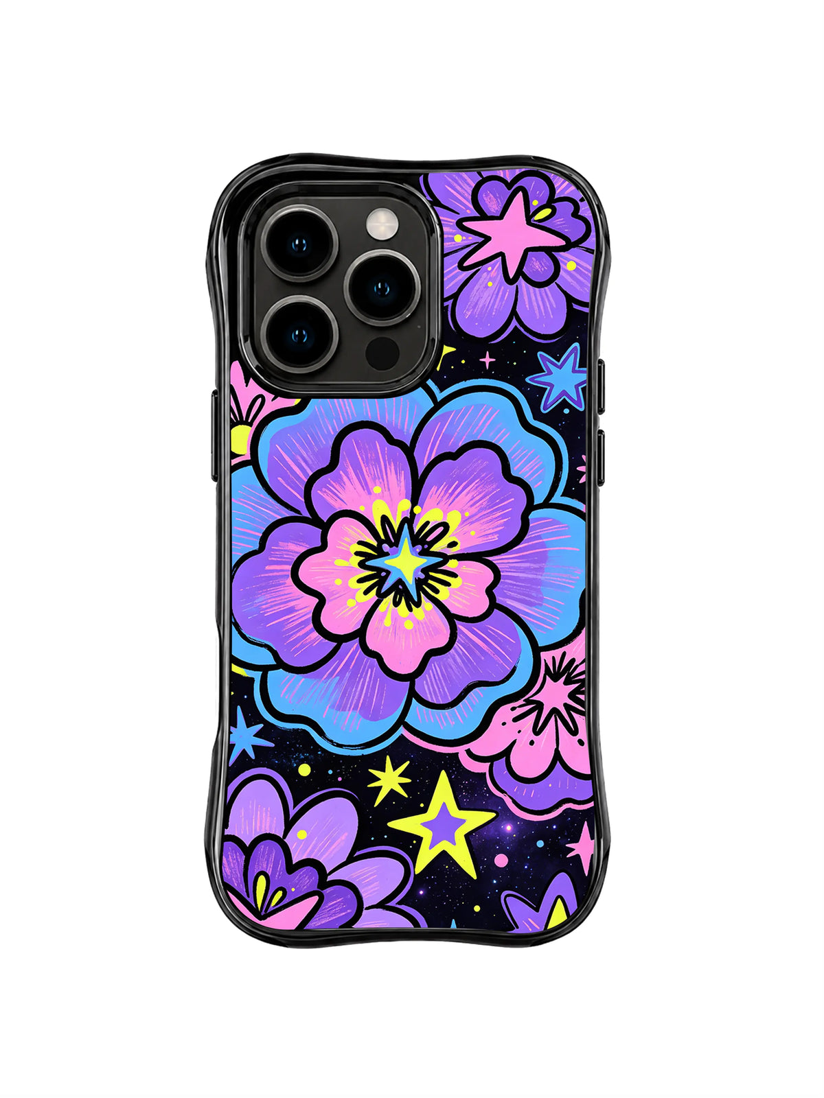 Purple Starflower Cluster: Large purple and pink graphic flowers mix with yellow stars on a black field.