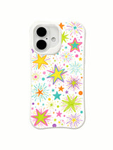 Cosmic Layered Star: Layered bright stars sit among dense multicolor firework bursts on white.