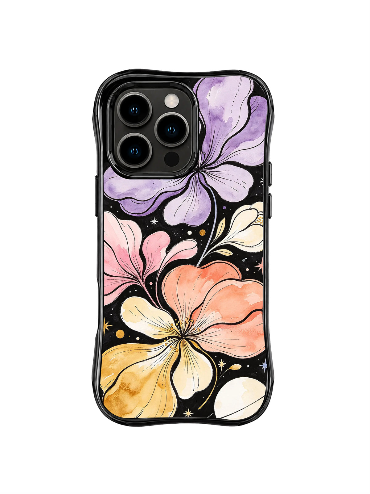 Lavender Petal Nebula: Large lavender, coral, cream and golden petals overlap across a star-speckled black field.