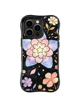Star Heart Petal Cosmos: A large pastel blue and pink star-shaped bloom is surrounded by small flowers and star-like marks on black.
