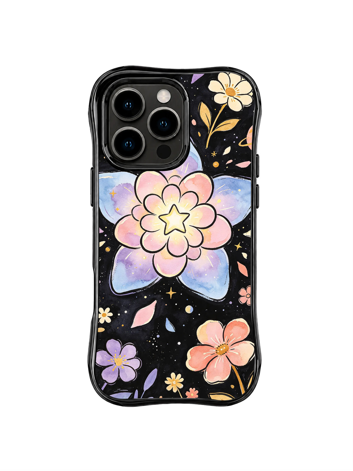 Star Heart Petal Cosmos: A large pastel blue and pink star-shaped bloom is surrounded by small flowers and star-like marks on black.