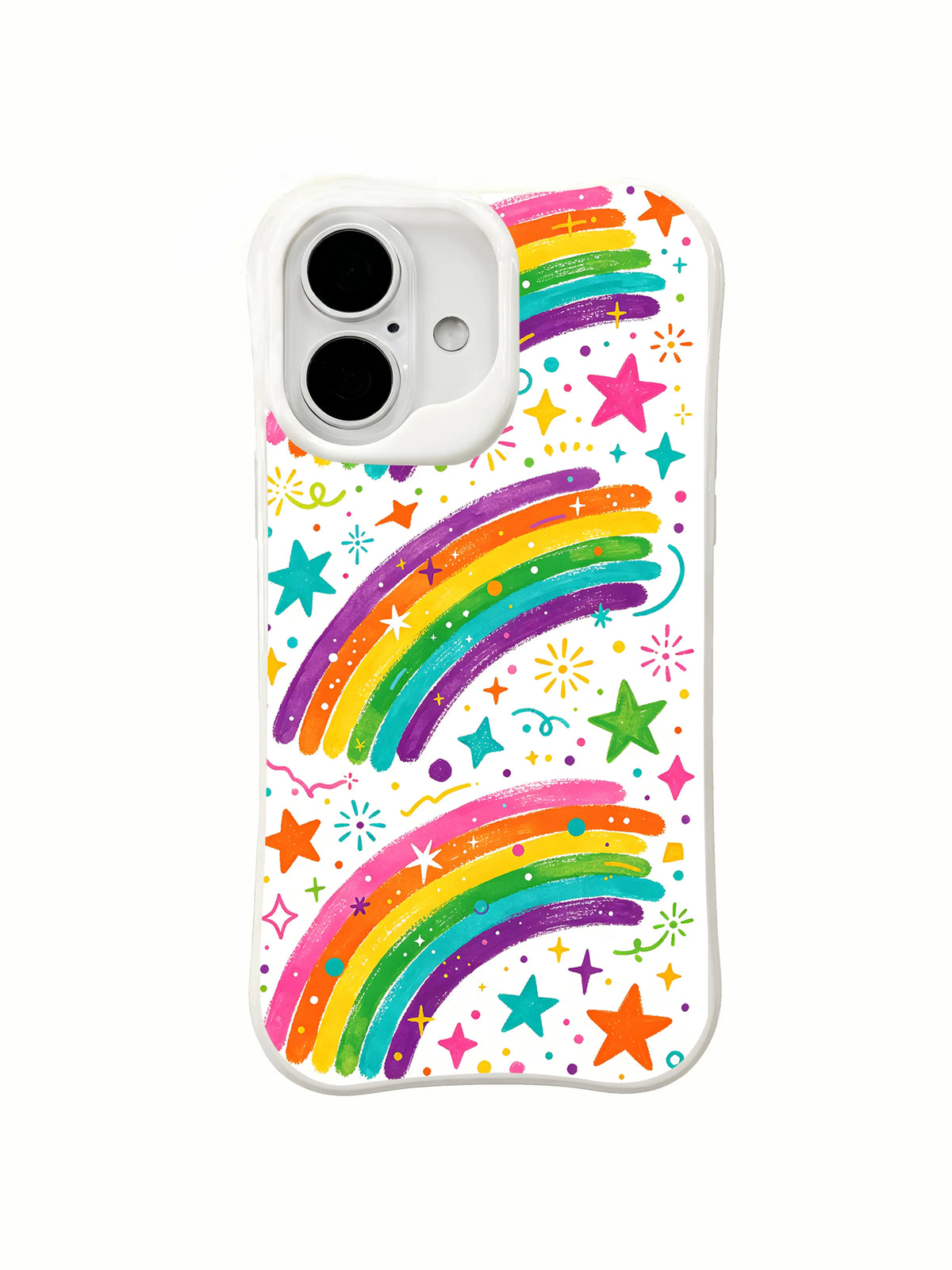Double Rainbow Celebration: İki geniş gökkuşağı yayı yıldızlar ve konfeti işaretleri arasında tekrar eder.