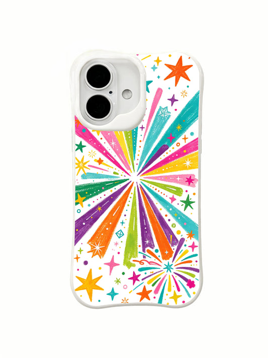 Rainbow Firework Starburst: Gökkuşağı ışınları ve havai fişek benzeri yıldız patlamaları beyaz zemine yayılır.