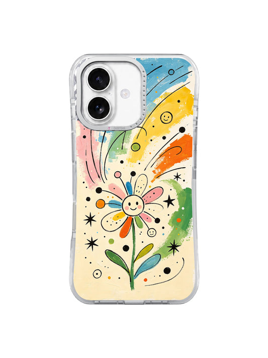 Cosmic smile flower artwork iPhone 16 Pro case with crystal camera frame