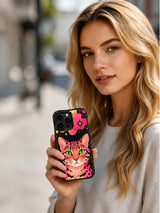 Lifestyle view of Cosmic Wildcat black iPhone 13 Pro Max case with pink fantasy cat