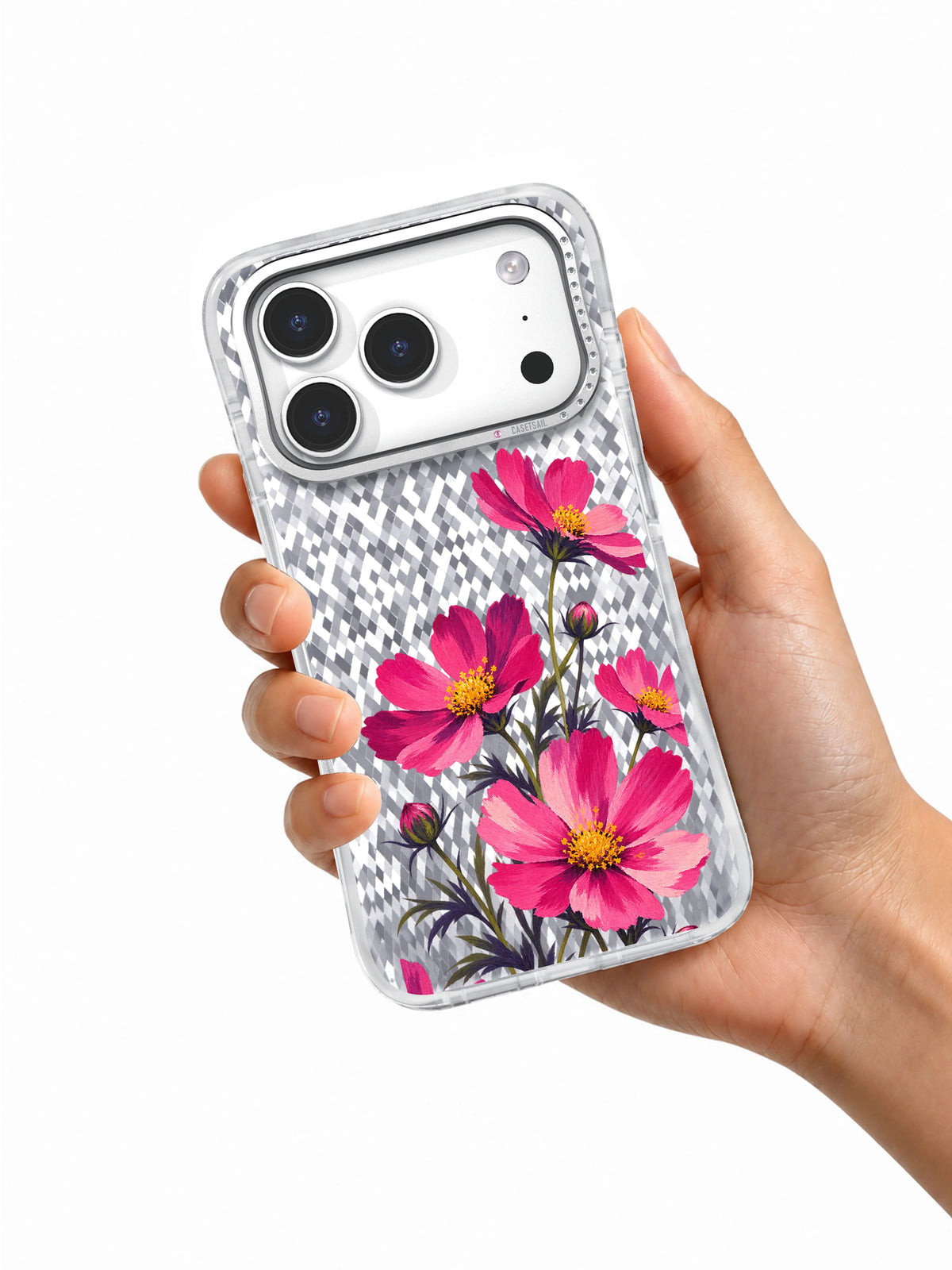 Cosmos After Dusk transparent iPhone case held in hand