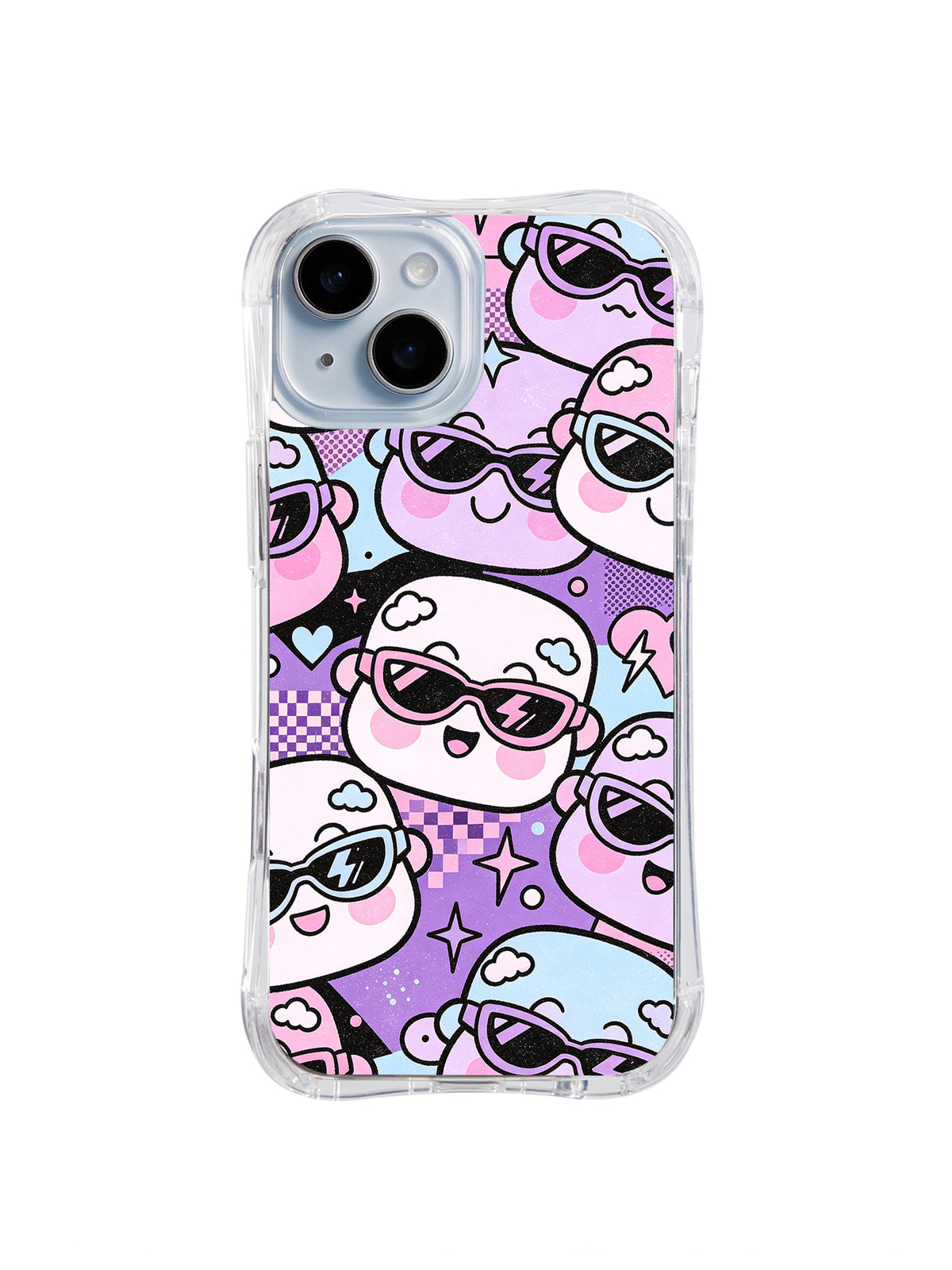 Cloud Doodle Block Party: Pink, lavender and blue cloud-like sunglass faces overlap with hearts, lightning and stars.