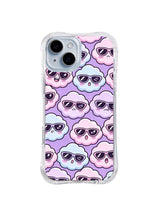 Pastel Cloud Face Rows: Small pink, blue and lavender cloud faces in black sunglasses repeat in tidy rows.