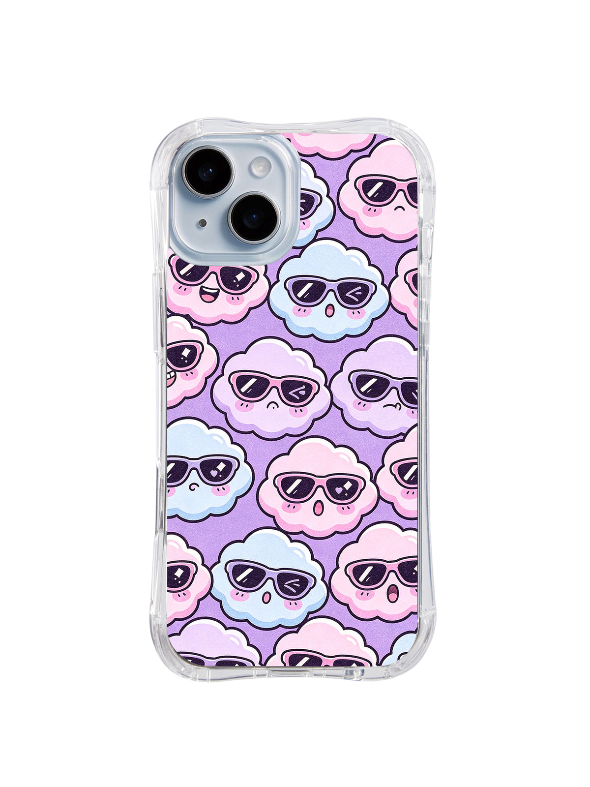 Pastel Cloud Face Rows: Small pink, blue and lavender cloud faces in black sunglasses repeat in tidy rows.