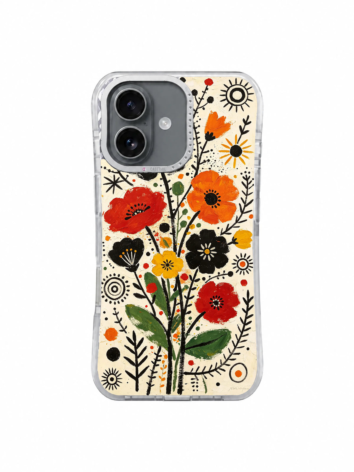 Sun Symbol Garden red orange black floral art on iPhone 16 Pro case