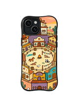 Sunset Corral Neighbors: A small corral and western town sit beneath an orange sunset.