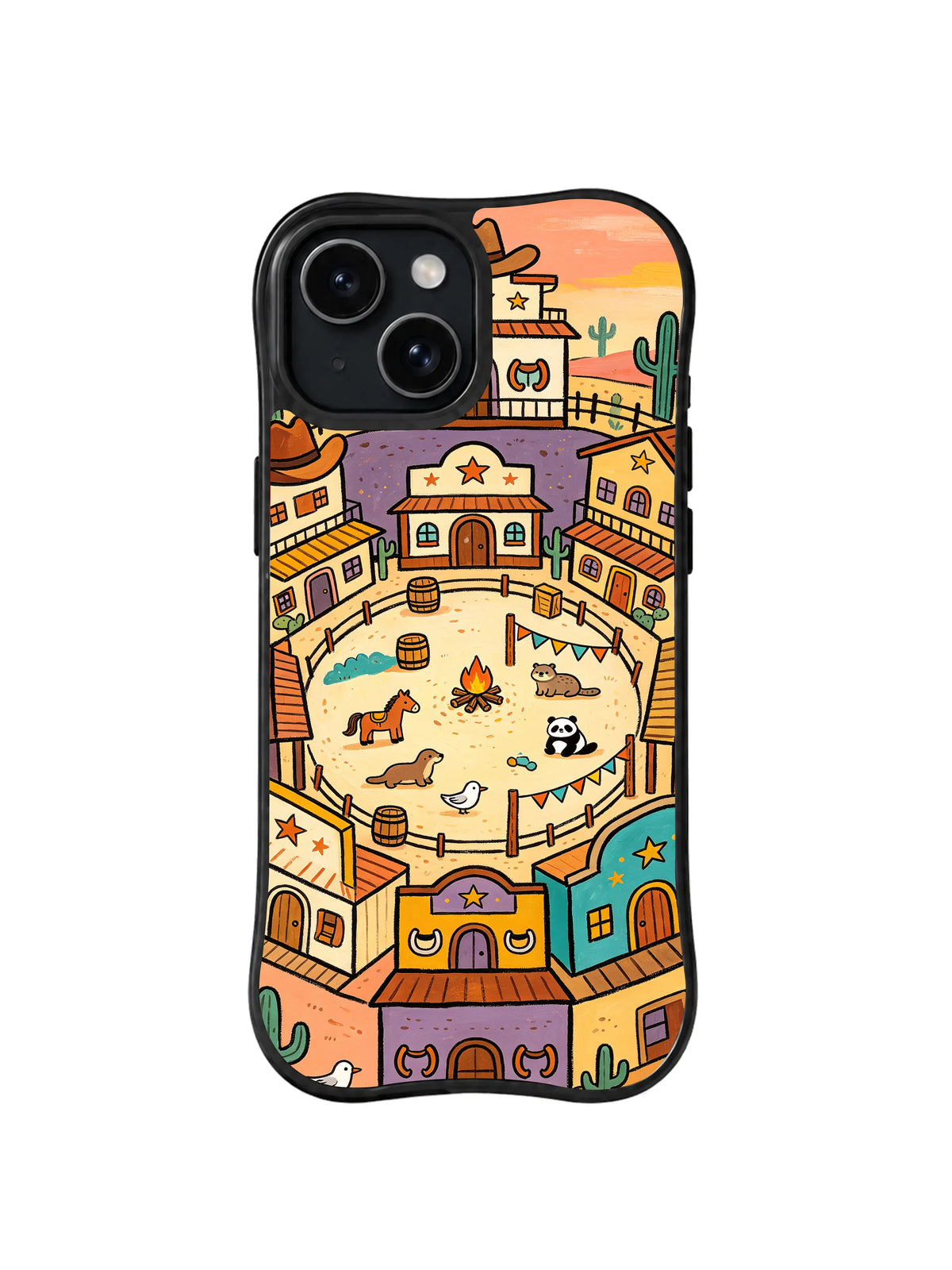 Sunset Corral Neighbors: A small corral and western town sit beneath an orange sunset.