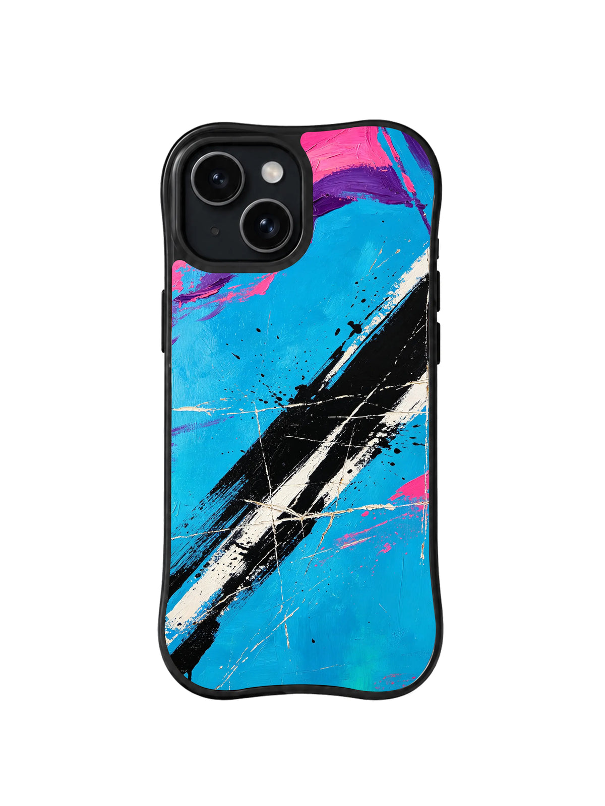 Black Trail Slash: Broad black and white diagonal slashes cross blue and pink bands.