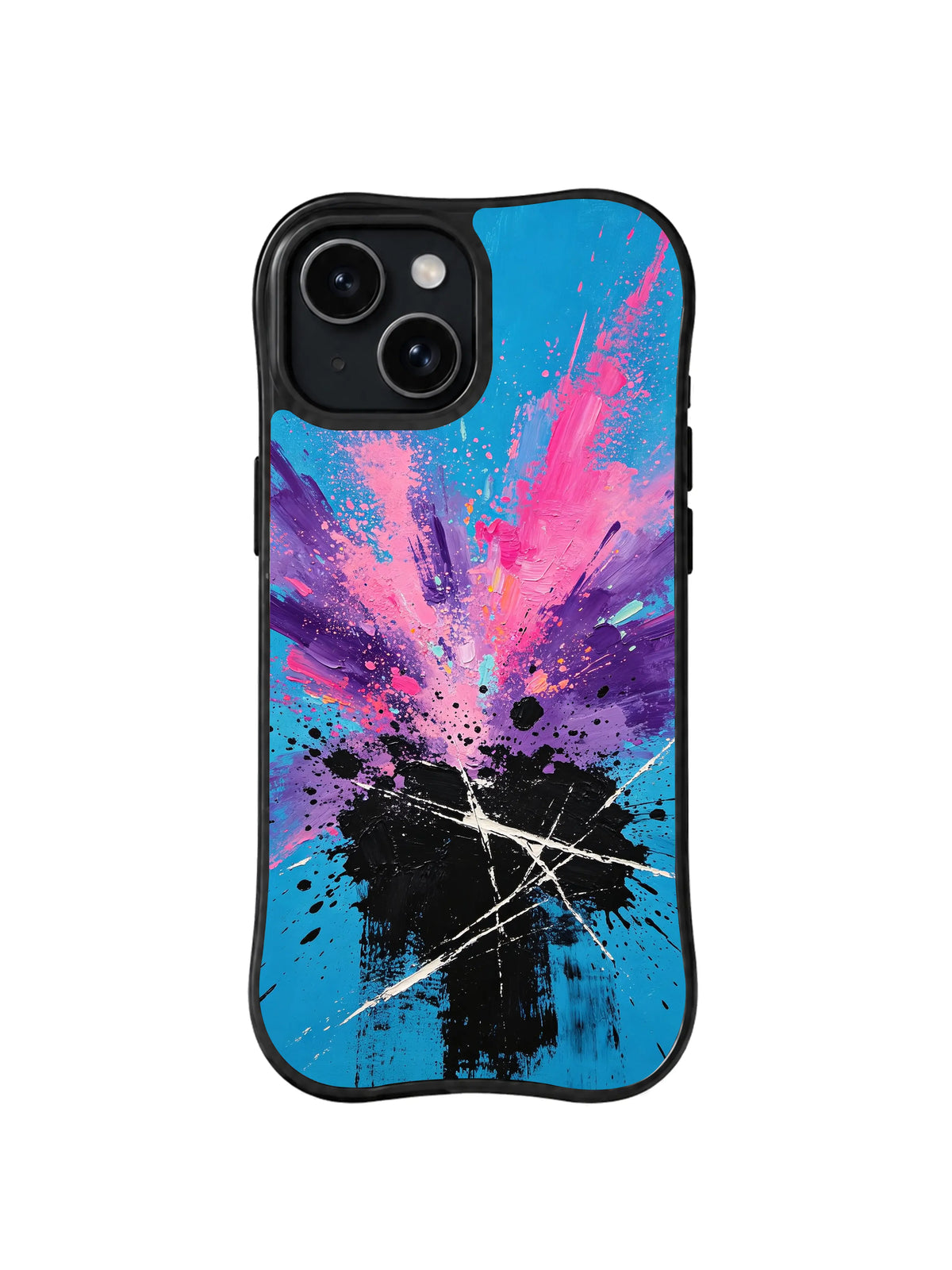 Dust Bloom Charge: Pink and purple paint-like spray rises above black crossed strokes.