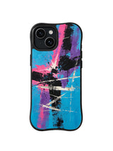 Frontier Crossfire: Pink, purple, black and white strokes cross a bright blue field.