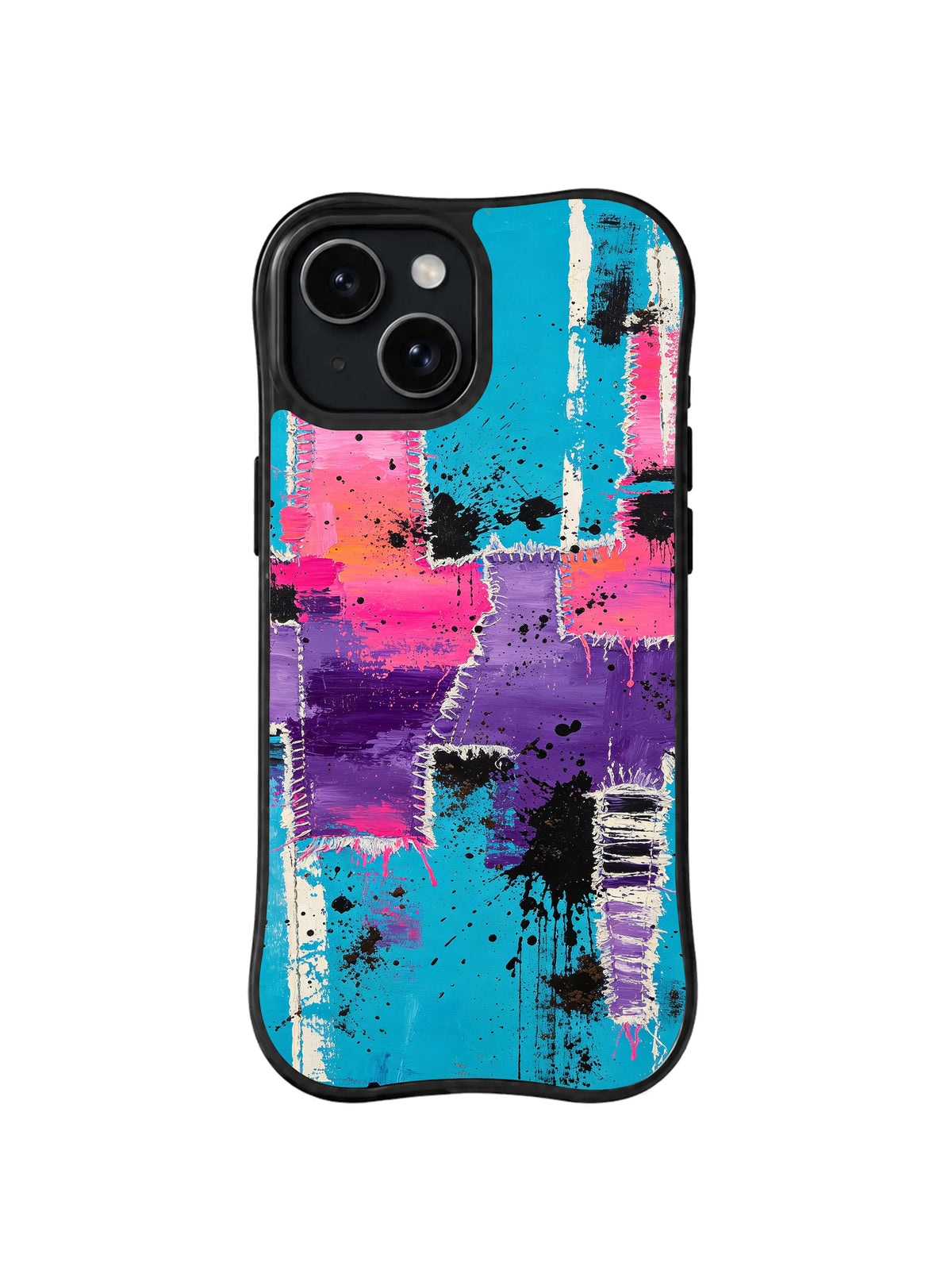 Patchwork Range: Blocky turquoise, pink, purple, black and white marks form a grid.