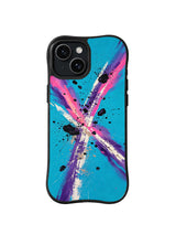 Rodeo Static Burst: Diagonal pink, purple and black strokes burst across turquoise.