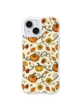 Cozy Apricot Pumpkin Field: Pumpkins and ladybugs fill a cream field with yellow blooms and curling stems.