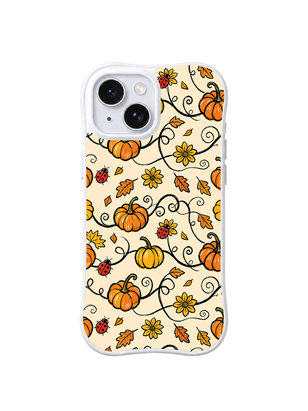 Cozy Apricot Pumpkin Field: Pumpkins and ladybugs fill a cream field with yellow blooms and curling stems.