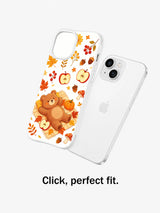 Cozy Bear Harvest Picnic: Decorated case shown separately beside the rear of a phone.