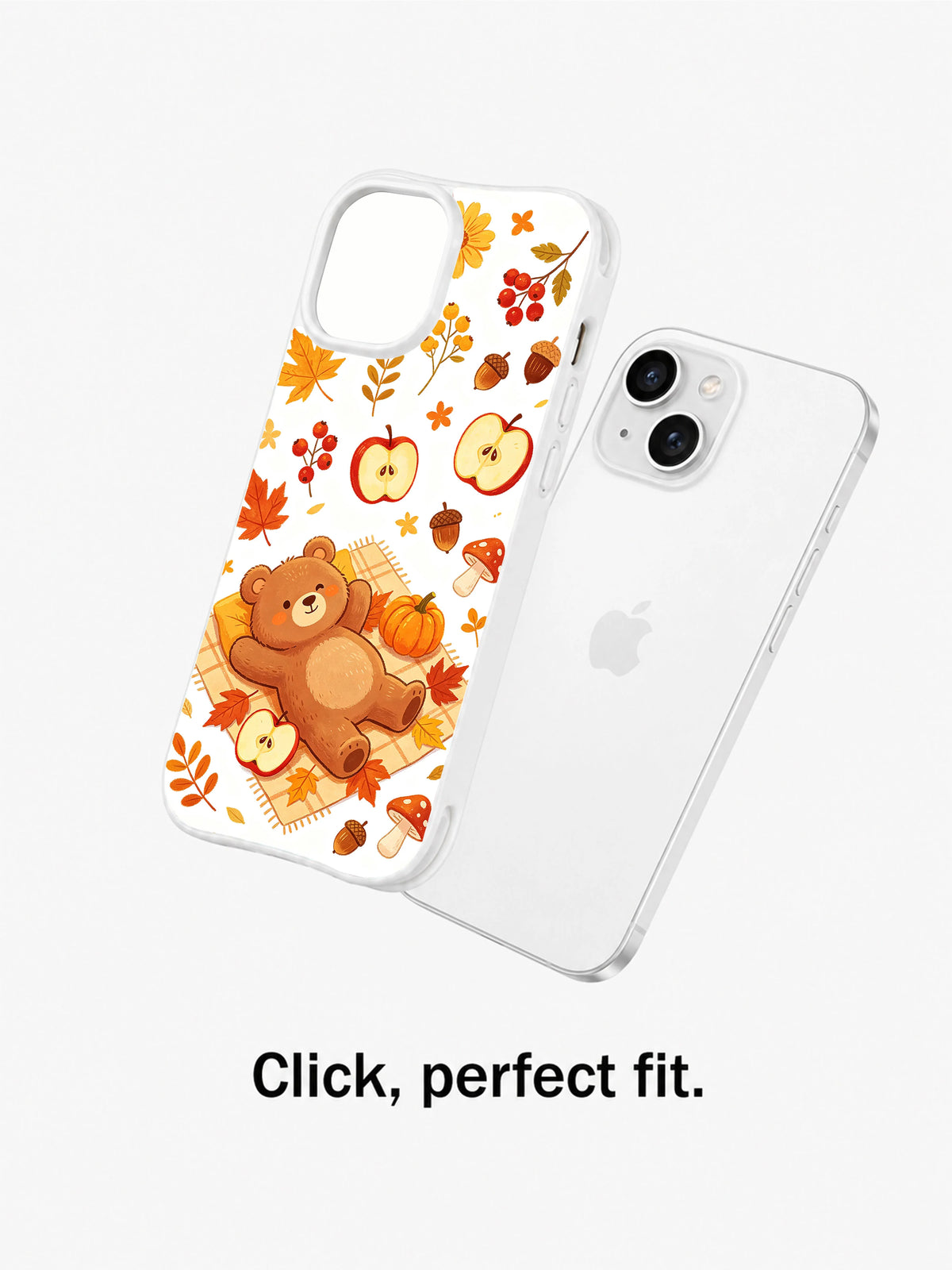 Cozy Bear Harvest Picnic: Decorated case shown separately beside the rear of a phone.