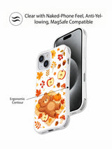 Cozy Bear Harvest Picnic: Illustrated case beside the front of a phone with promotional callouts.