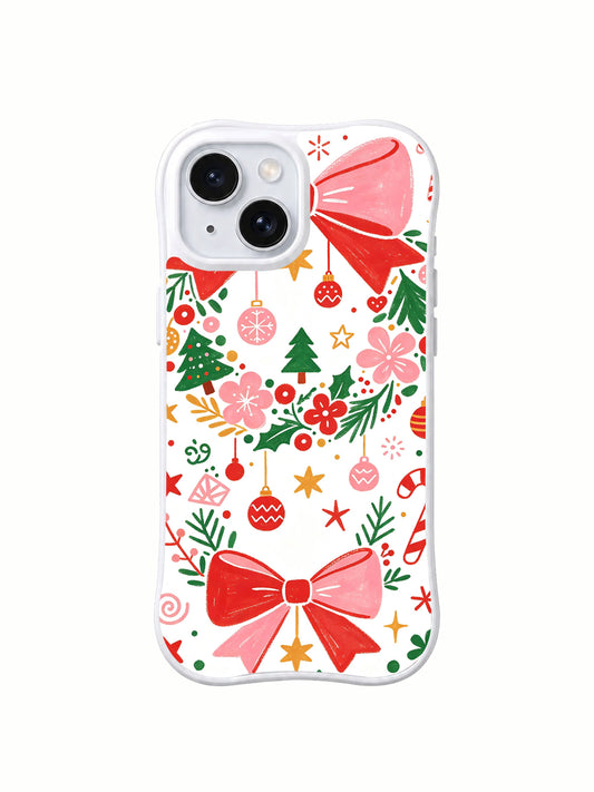 Cozy Christmas Bow Collection: Büyük fiyonklar arasında çiçekli yeşil süs şeritleri ve asılı süsler.