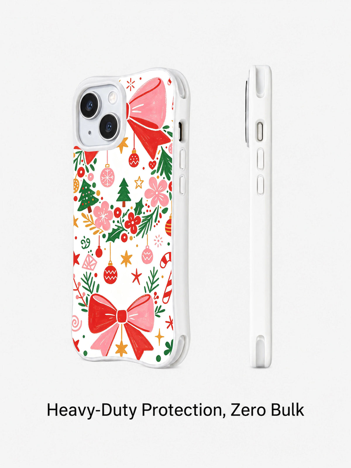 Cozy Christmas Bow Collection: Desenli kılıfın arka ve yan görünümleri.
