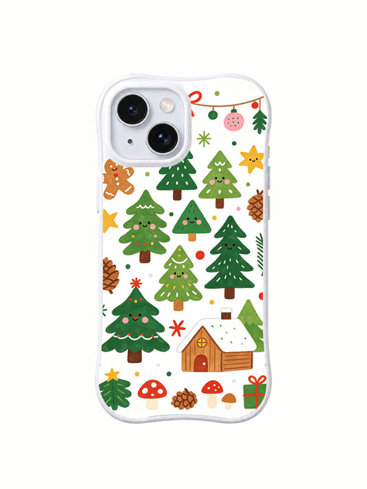 Cozy Christmas Tree Friends: Varied green trees, one cottage, pinecones and small mushrooms.