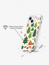 Cozy Christmas Tree Friends: Angled case above an illustrated broken surface.