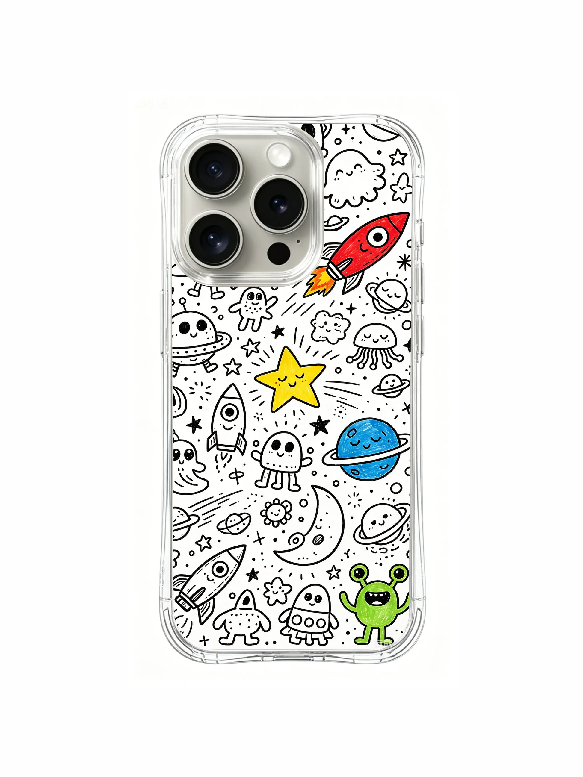 Warm tiny cozy space town doodle on transparent iPhone 15 pro Case, scratch-proof shockproof phone casing ideal for birthday gifts from PhoneCasing.