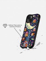Whimsical celestial village iPhone 14 Plus case artwork detail