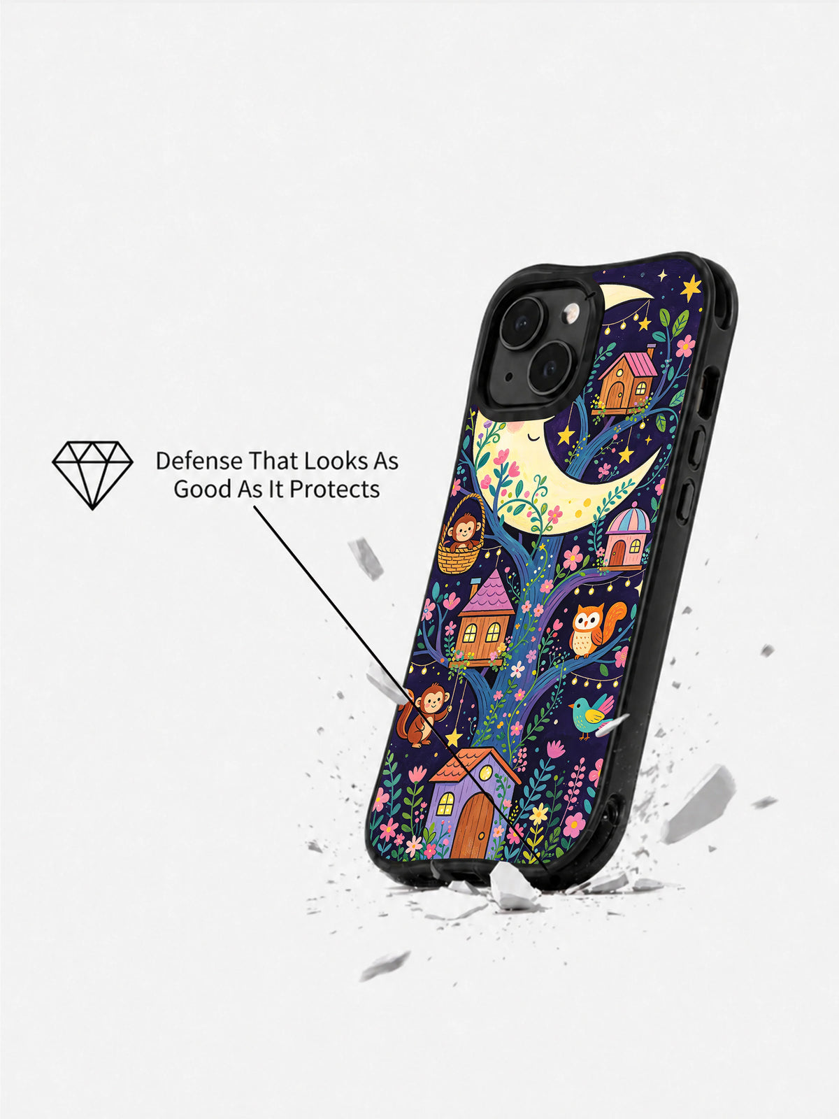 Whimsical celestial village iPhone 14 Plus case artwork detail