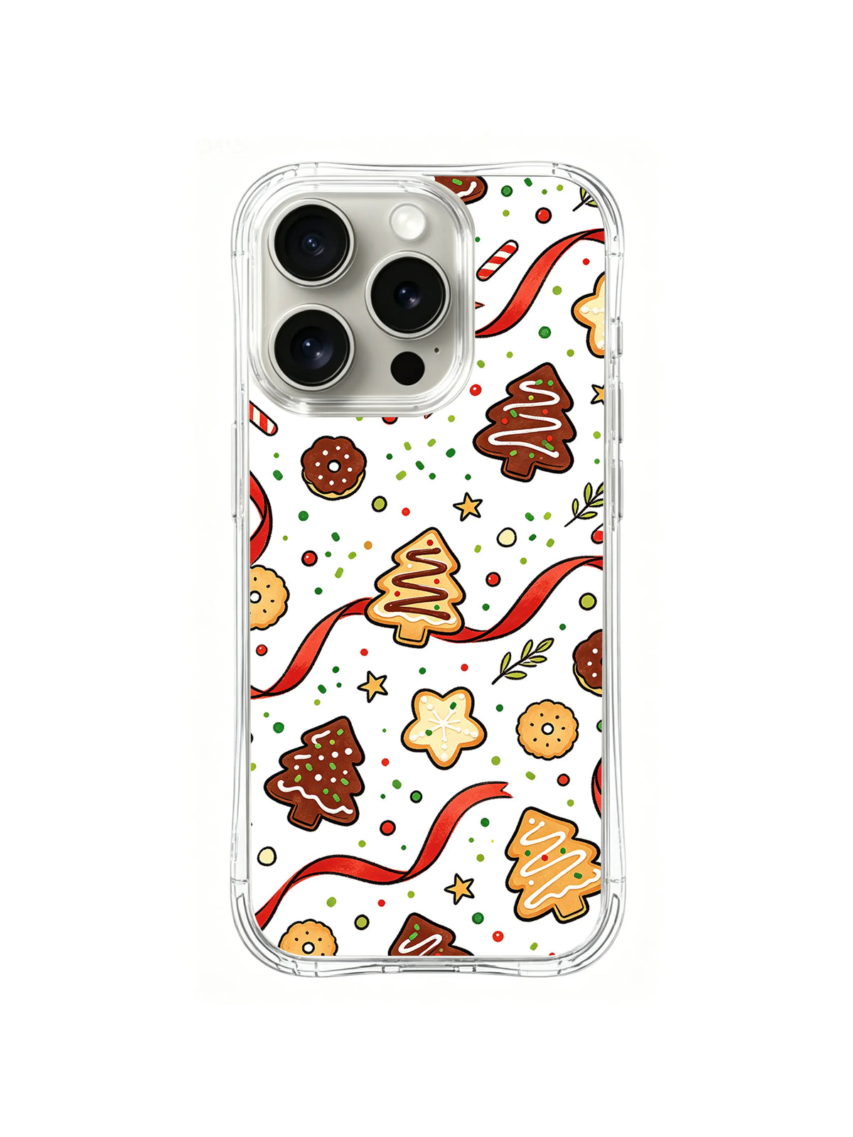 Cozy Noel Scatter / Cookie Confetti: Long red ribbons and green dots between small trees and cookies.