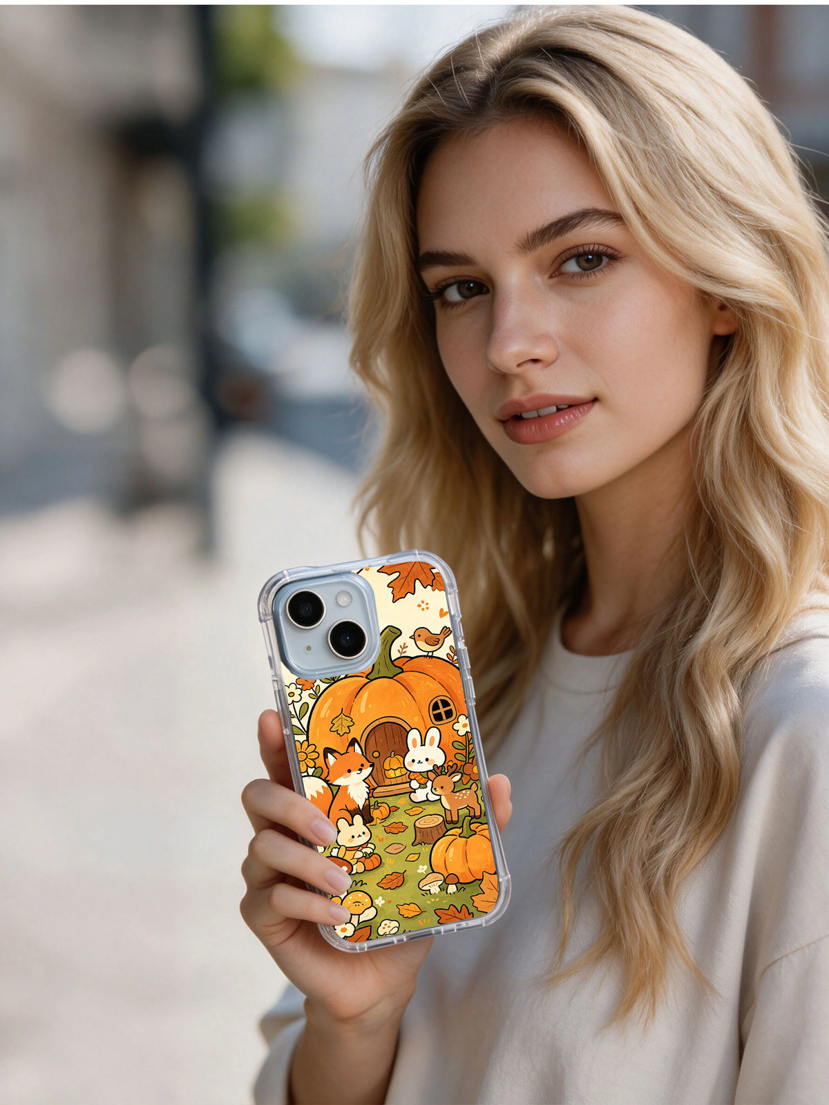 Woman holding Cozy Pumpkin Cottage Animals iPhone 14 case