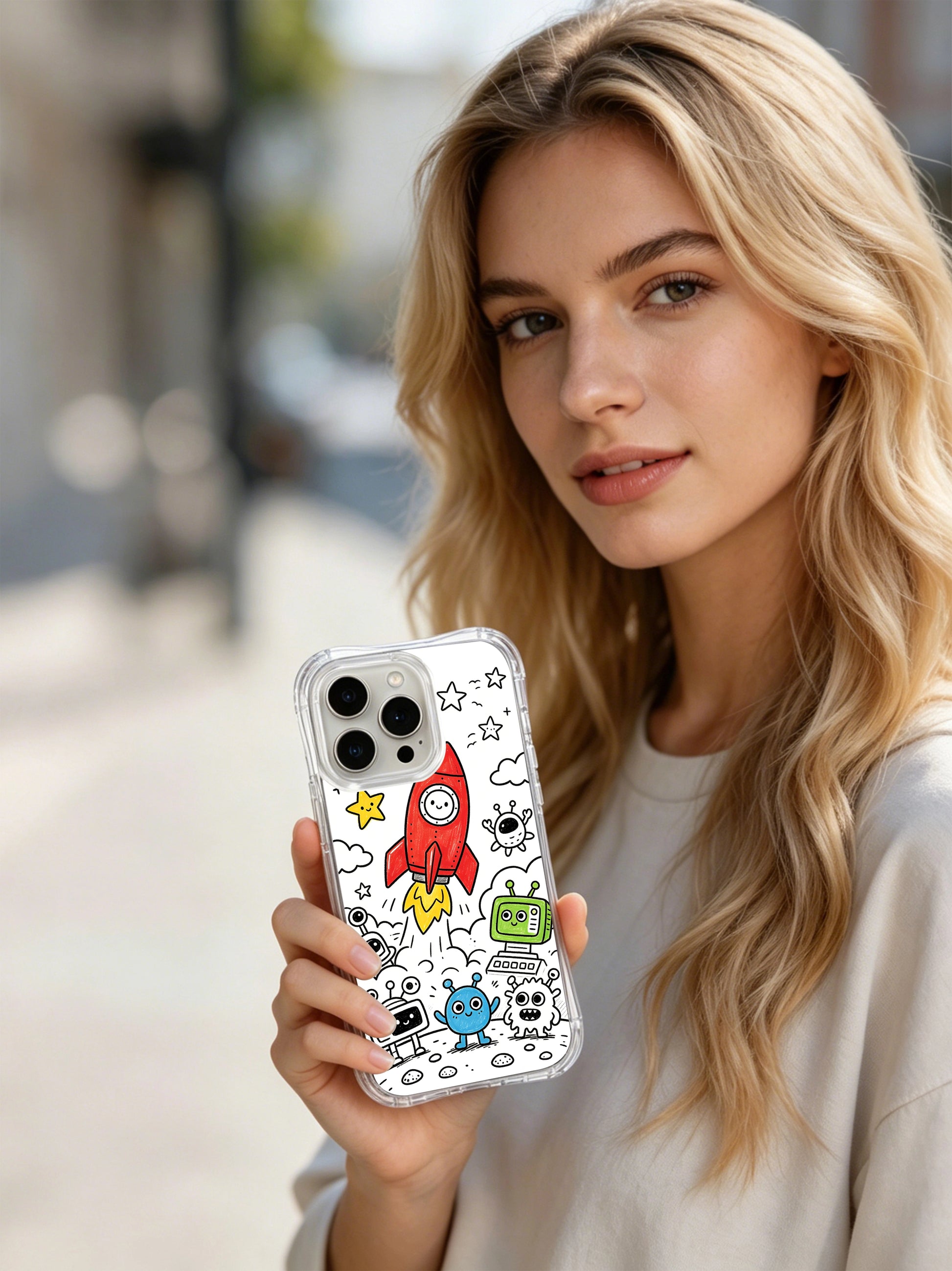 Warm playful rocket launch doodle on wavy transparent iPhone 15 pro Case, scratch-proof shockproof phone casing perfect for birthday gifts from PhoneCasing.