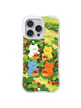 Four Color Berry Pickers: Four colorful bears hold baskets among strawberry plants.