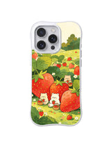 Giant Strawberry Garden: Tiny bears work among oversized strawberries and broad leaves.