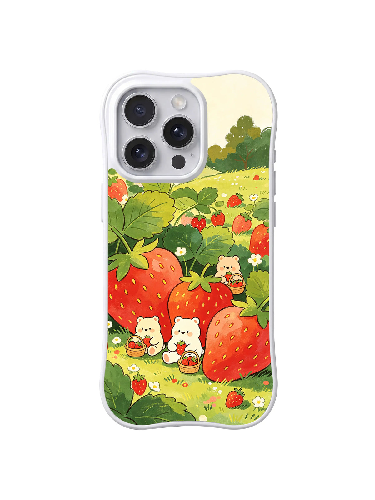 Giant Strawberry Garden: Tiny bears work among oversized strawberries and broad leaves.