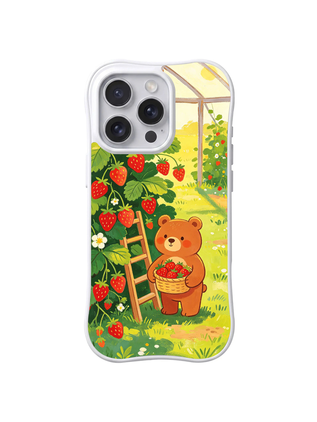 Greenhouse Basket Bear: A bear carries a strawberry basket beside plants inside a greenhouse.