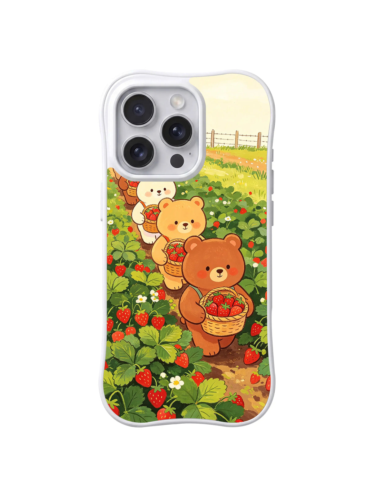 Strawberry Harvest Procession: Basket-carrying bears walk through a sunny strawberry field.