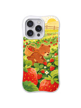 Sunrise Strawberry Picker: A bear carries a basket through a strawberry field beneath the rising sun.