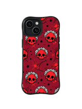 Cracked Skull Star Garden: Red skulls and white floral rings sit among cracked black lines and stars.