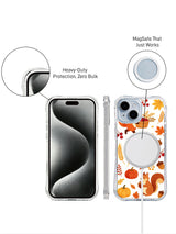 Cranberry Fox Celebration: Front phone, illustrated rear case, round accessory and a magnified edge detail in a promotional panel.