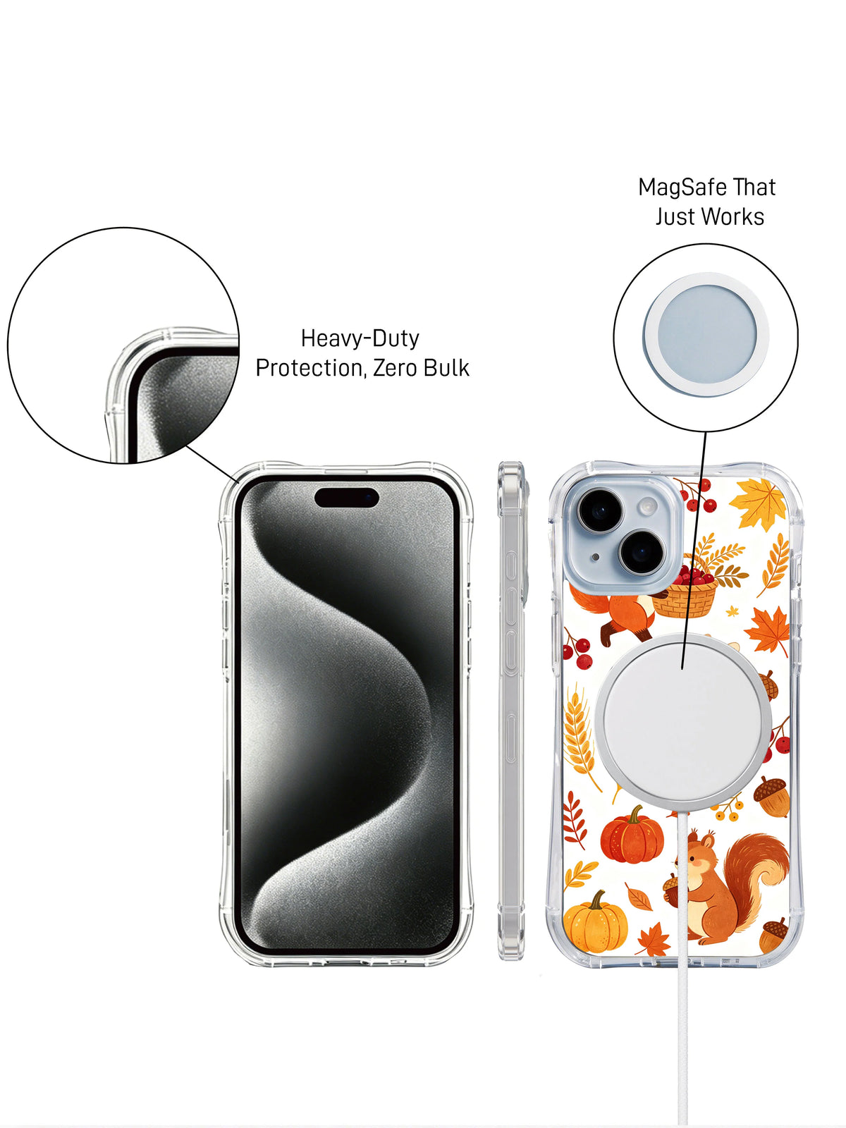 Cranberry Fox Celebration: Front phone, illustrated rear case, round accessory and a magnified edge detail in a promotional panel.