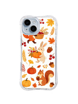 Cranberry Fox Celebration: A rabbit holding a pumpkin, a squirrel with an acorn and partly cropped fox details among red berries, wheat and maple leaves.